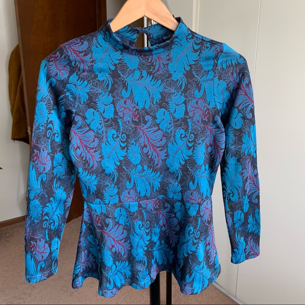 Modcloth Peplum Blue Feather Pattern Top